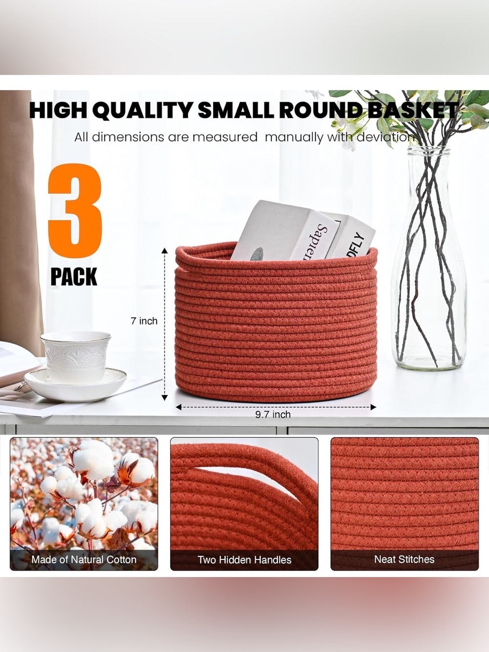 Woven Rope Storage Basket Set - Red - Picture 3 of 5